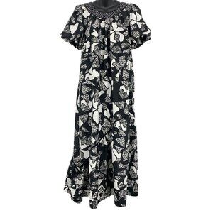 Liberty House Vintage Women Medium Petite Dress Floral Muumuu Black Lace Polka D